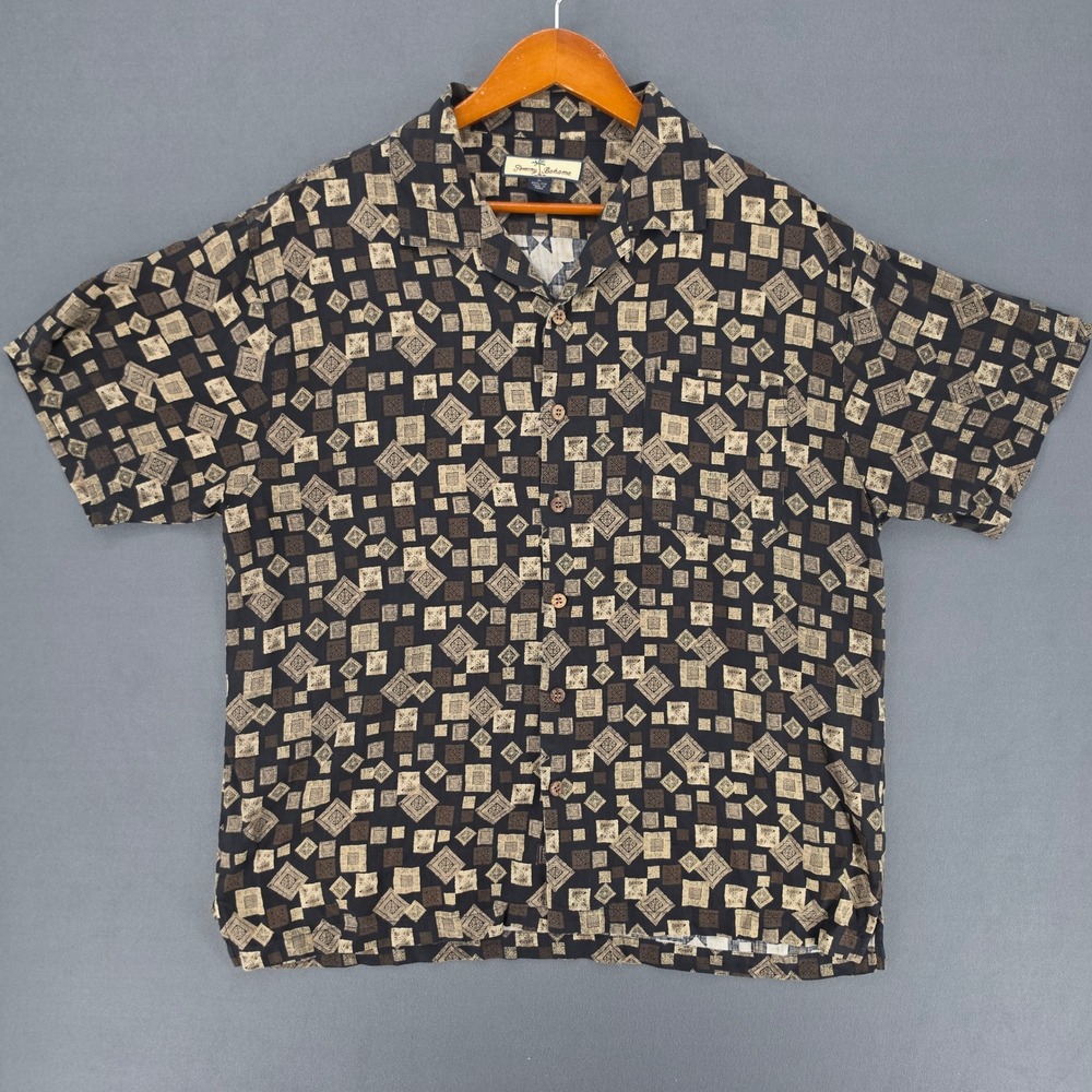 Tommy Bahama Mens XL Silk Short Sleeve Button Down Shirt Geometric Square Print